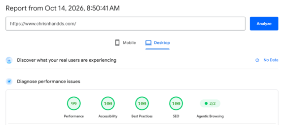 PageSpeed Insights desktop report for www.chrisnhandds.com from October 14, 2026, showing 99 for performance, 100 for accessibility, best practices, and SEO, and 2 of 2 for agentic browsing